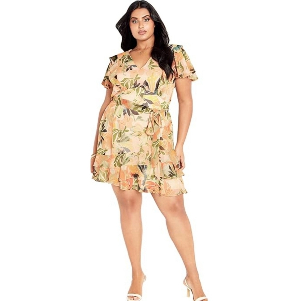City Chic Callie Flutter Sleeve Mini Print Dress Miami Mulicolor Size 22